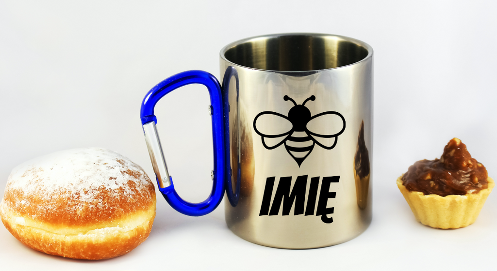 Kubek z niebieskim uchem karabińczykiem z grafiką pszczoły i imieniem do wyboru #1