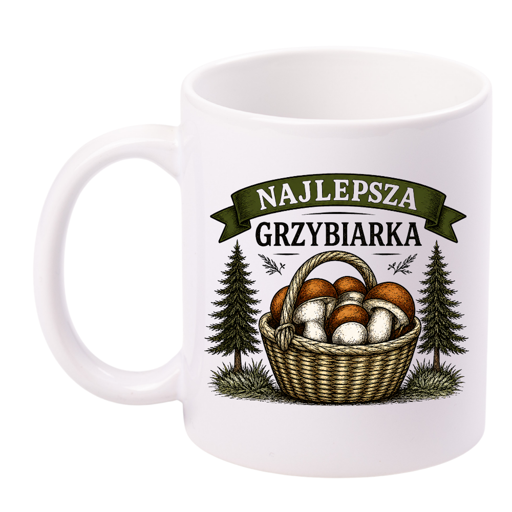 Kubek biały z nadrukiem „Najlepsza Grzybiarka” z imieniem do wyboru – grzyby #6