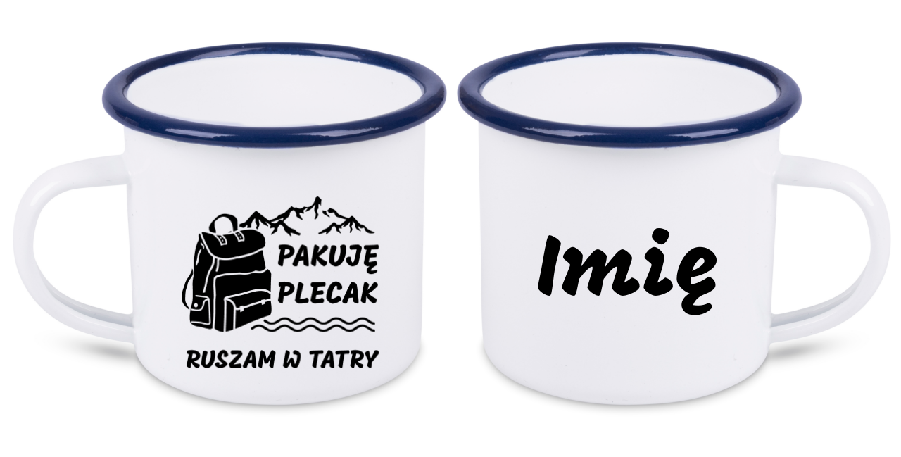 Kubek emaliowany biały z nadrukiem "Pakuję plecak, ruszam w Tatry# - Podhale, góry, Zakopane #1