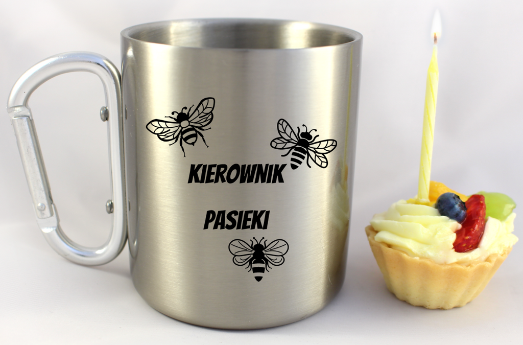 Kubek metalowy ze srebrnym karabińczykiem i nadrukiem "Kierownik pasieki" #2