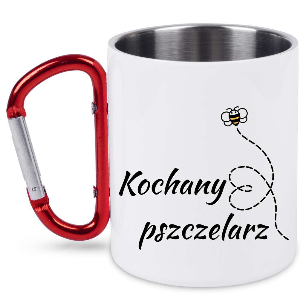 Kubek biały z czerwonym karabińczykiem i nadrukiem „Kochany pszczelarz” – pszczelarstwo #6