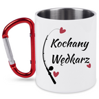 Kubek biały z czerwonym karabińczykiem i nadrukiem "Kochany Wędkarz" #2