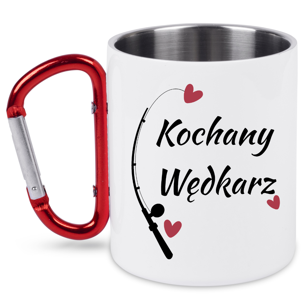 Kubek biały z czerwonym karabińczykiem i nadrukiem "Kochany Wędkarz" #2