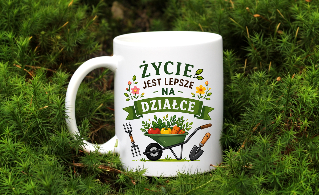 Kubek biały z nadrukiem „Życie jest lepsze na działce” – ogród, działka #3