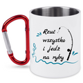 Kubek biały z czerwonym karabińczykiem i nadrukiem "Rzuć wszystko i jedź na ryby" – wędkarstwo #5