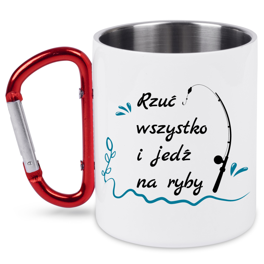 Kubek biały z czerwonym karabińczykiem i nadrukiem "Rzuć wszystko i jedź na ryby" – wędkarstwo #5