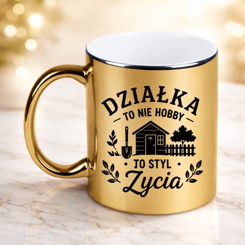 Kubek złoty z nadrukiem „Działka to nie hobby, to styl życia” – działka, ogród #4