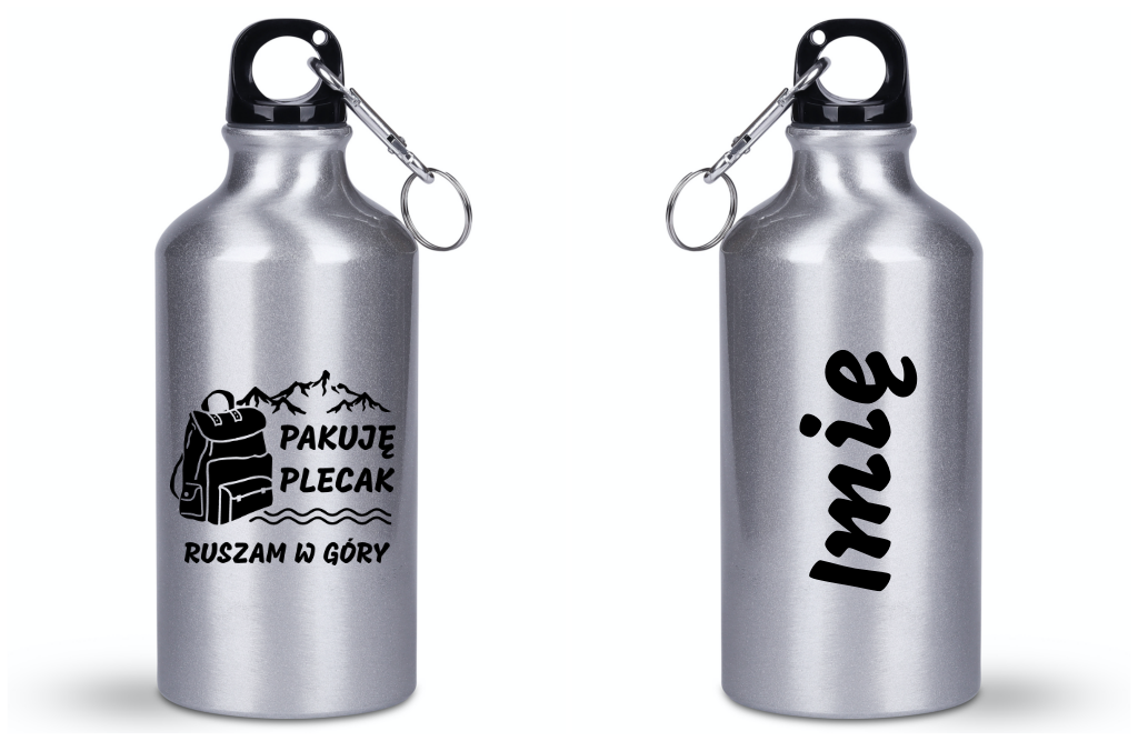Butelka srebrna 400 ml z nadrukiem „Pakuję plecak, ruszam w góry #2