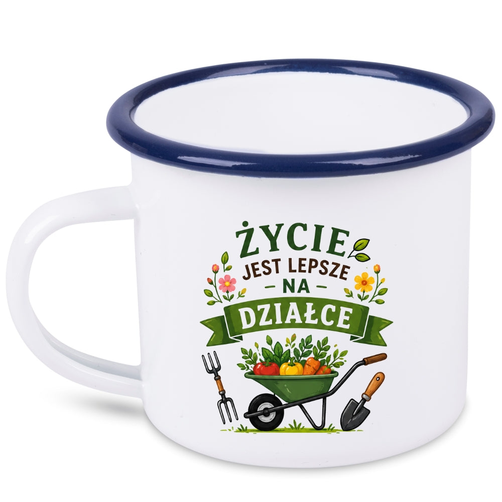 Kubek emaliowany biały z nadrukiem „Życie jest lepsze na działce"” – ogród, działka #3