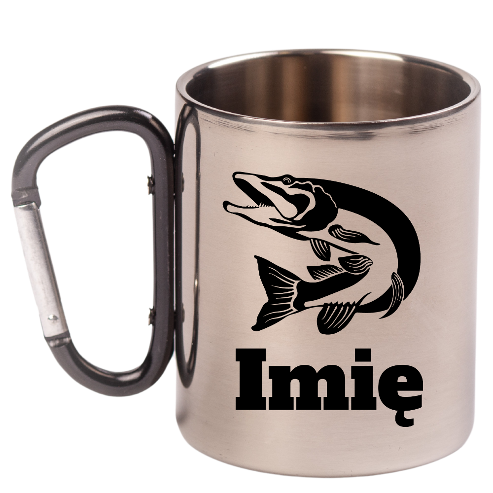 Kubek metalowy 300 ml z czarnym karabińczykiem i grafiką ryby oraz imieniem do wyboru #4