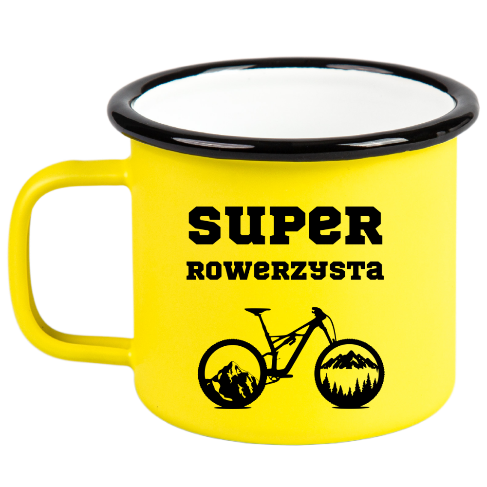 Kubek emaliowany żółty z nadrukiem "Super Rowerzysta" – dla rowerzysty #8