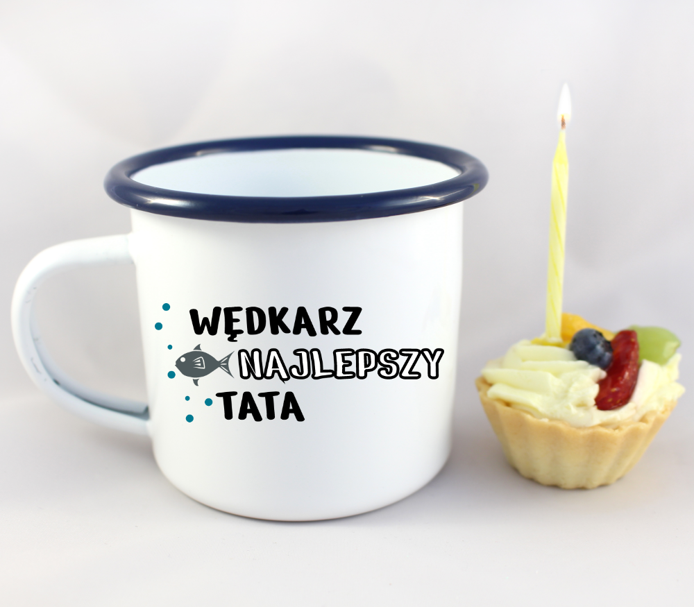 Kubek emaliowany biały z nadrukiem "Tata najlepszy wędkarz" - na dzień ojca, dla taty #10