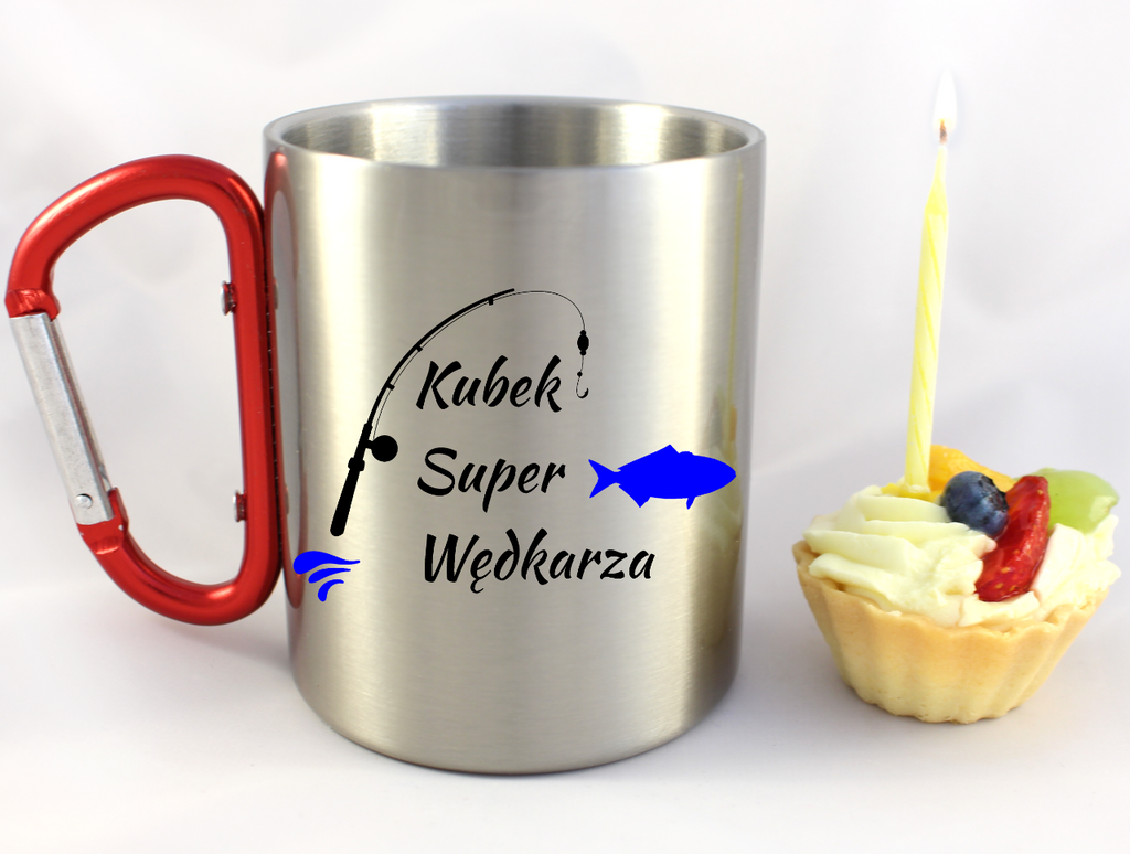 Kubek z czerwonym karabińczykiem i nadrukiem "Kubek Super Wędkarza" - wędkarstwo #1