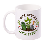 Kubek biały z nadrukiem „Ręce brudne, serce czyste” – ogród, działka #1