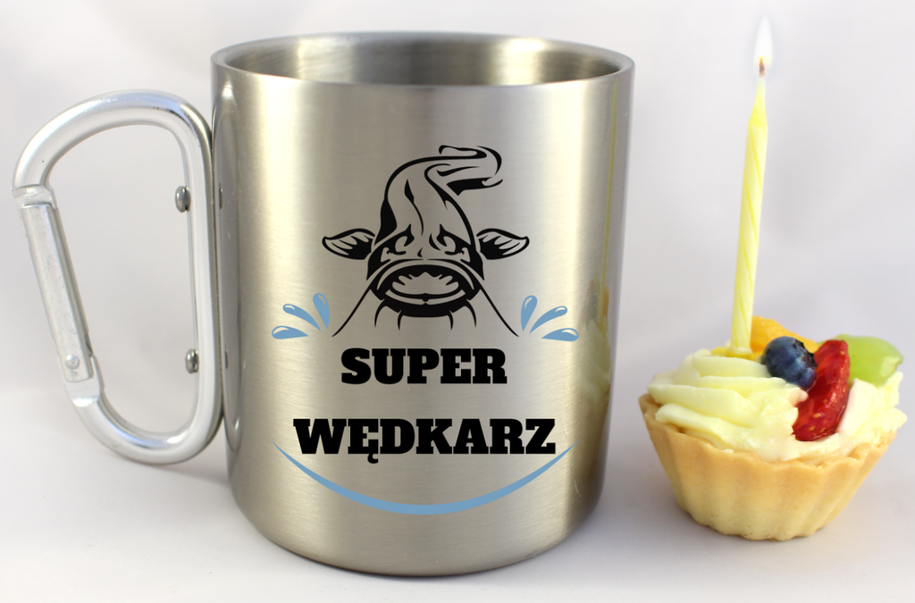 Kubek ze srebrnym karabińczykiem i nadrukiem "Super wędkarz" – wędkarstwo #9