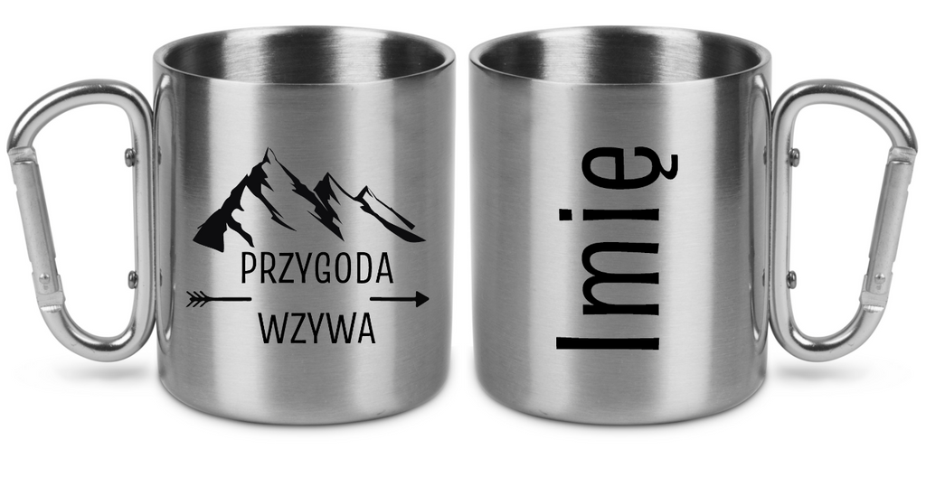 Kubek ze srebrnym karabińczykiem, nadruk "Przygoda wzywa" - podróż, trekking #3