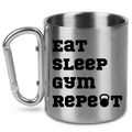 Kubek metalowy srebrny z karabińczykiem i nadrukiem "Eat Sleep Gym Repeat" – na siłownię #6