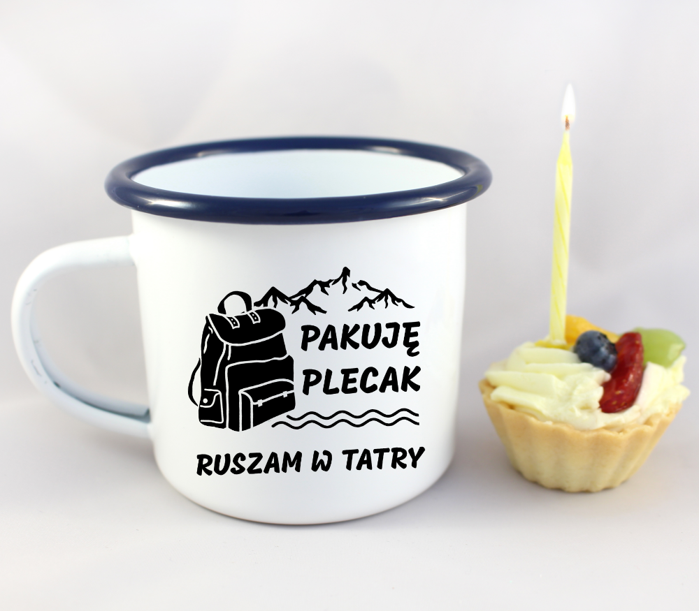 Kubek emaliowany biały z nadrukiem "Pakuję plecak, ruszam w Tatry# - Podhale, góry, Zakopane #1