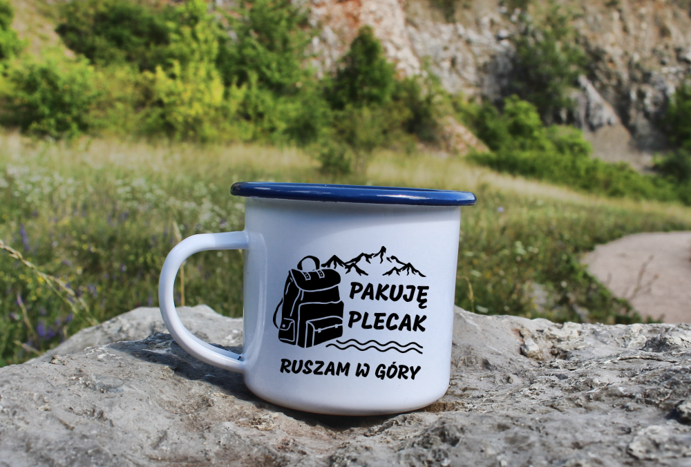 Kubek emaliowany biały z nadrukiem "Pakuję plecak, ruszam w góry#  #2