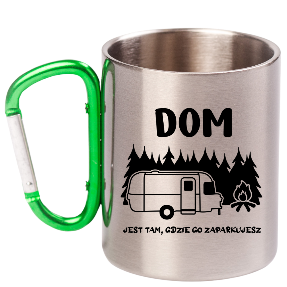 Kubek z zielonym karabińczykiem i nadrukiem "Dom jest tam, gdzie go zaparkujesz" - camper, camping #6