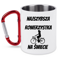 Kubek biały z czerwonym karabińczykiem i nadrukiem „Najszybsza rowerzystka na świecie” – dla rowerzystki #8