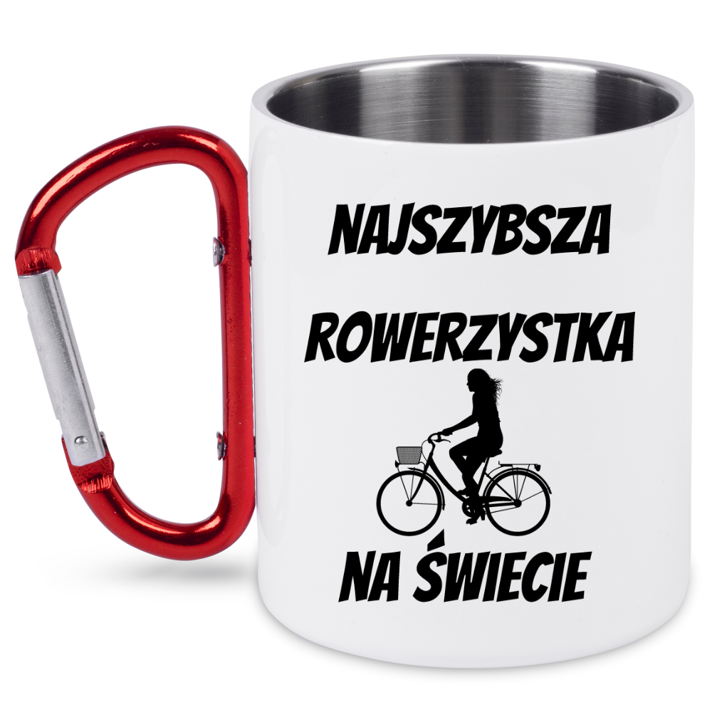 Kubek biały z czerwonym karabińczykiem i nadrukiem „Najszybsza rowerzystka na świecie” – dla rowerzystki #8
