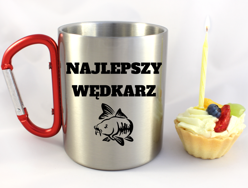 Kubek z czerwonym karabińczykiem i nadrukiem "Najlepszy wędkarz" - wędkarstwo #8