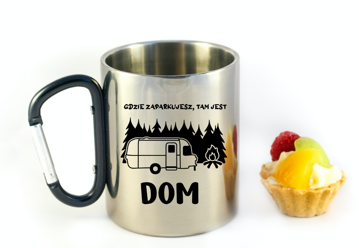 Kubek z czarnym karabińczykiem, nadrukiem "Gdzie zaparkujesz, tam jest dom" – camping, camper #5