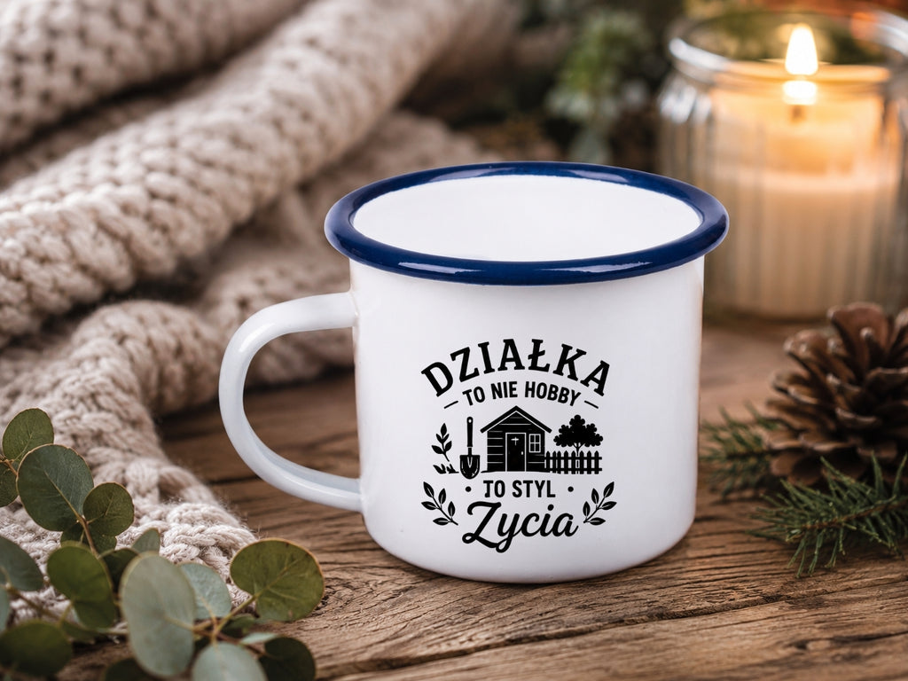 Kubek emaliowany biały z nadrukiem „Działka to nie hobby, to styl życia” – ogród, działka #8