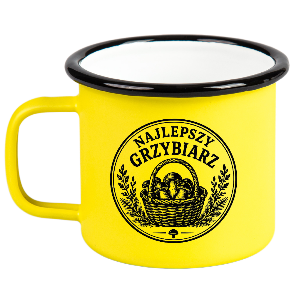 Kubek emaliowany żółty z nadrukiem „Najlepszy Grzybiarz” – na grzyby #2