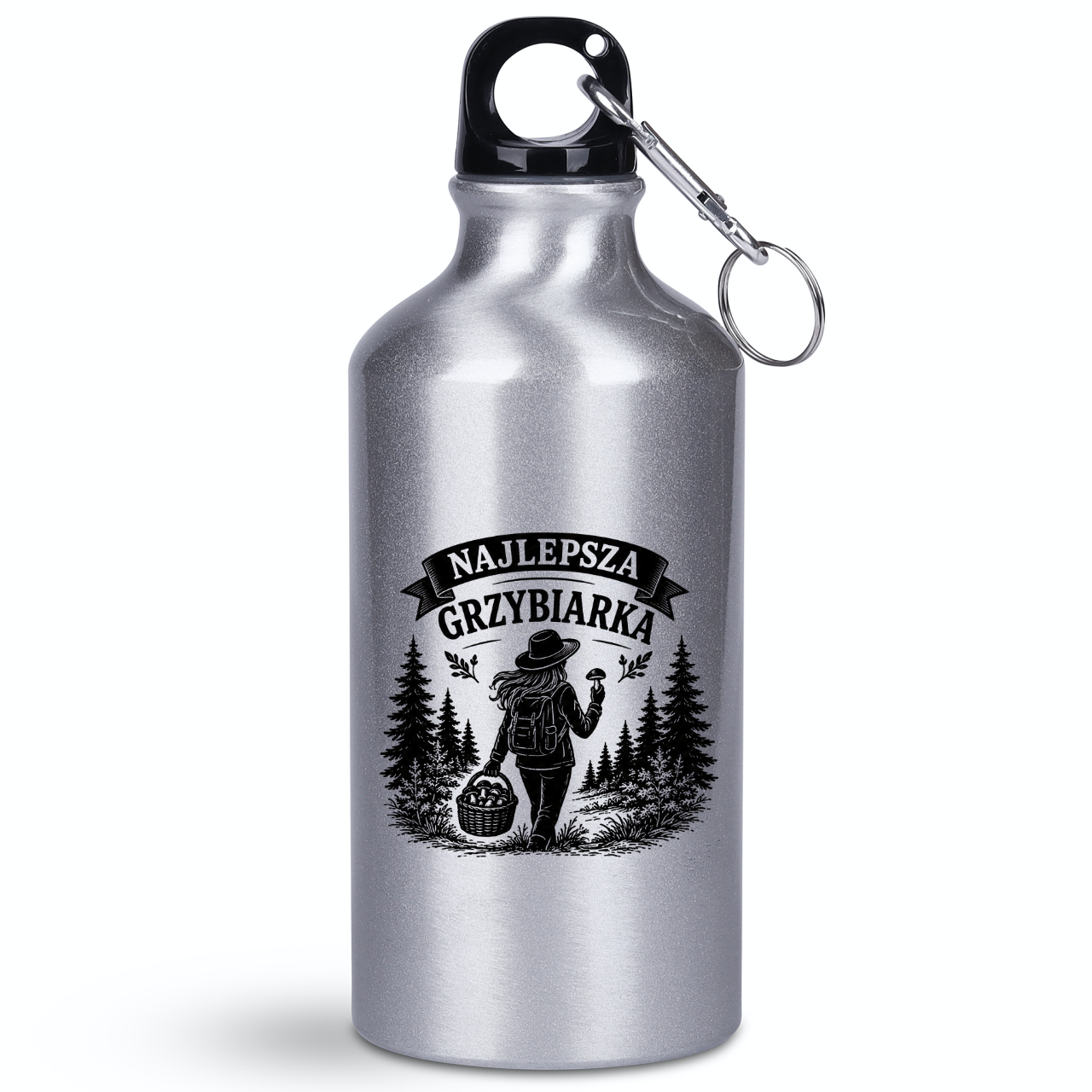 Butelka srebrna 400 ml z nadrukiem „Najlepsza Grzybiarka” – na grzyby #3