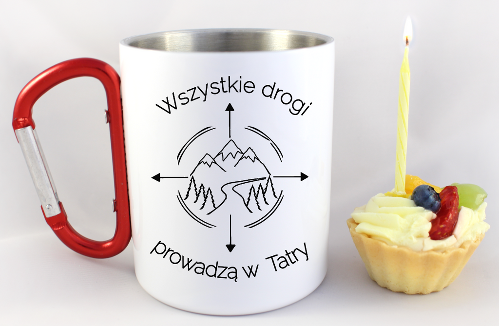 Kubek biały z czerwonym karabińczykiem, nadruk „Wszystkie drogi prowadzą w Tatry” – góry, Podhale #7