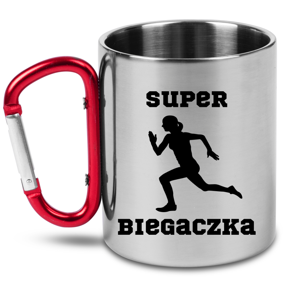 Kubek z czerwonym karabińczykiem – nadruk "Super Biegaczka" – bieganie #8