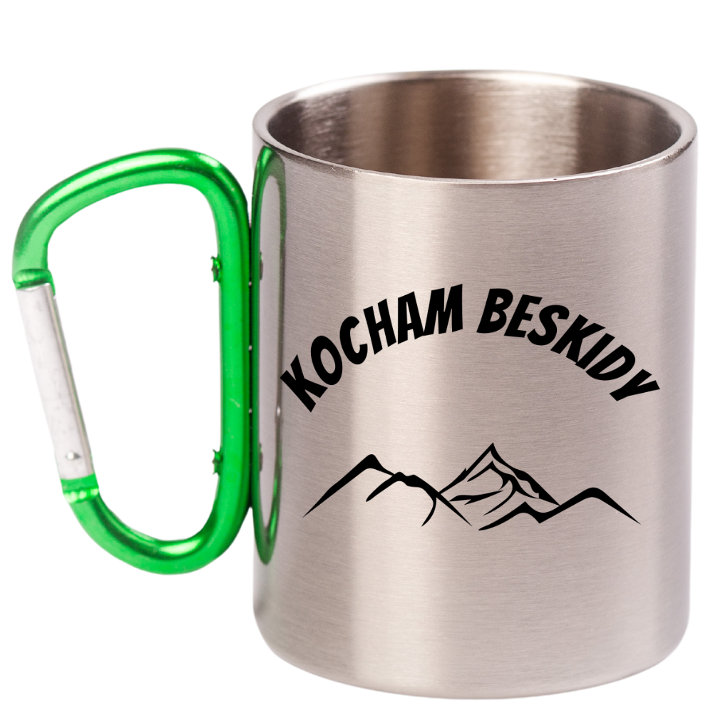 Kubek z zielonym karabińczykiem i nadrukiem "Kocham Beskidy" - góry #1