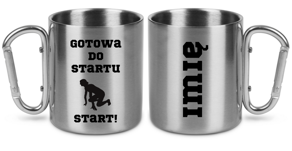 Kubek ze srebrnym karabińczykiem – z nadrukiem "Gotowa do startu start!" – dla pań, bieganie #5