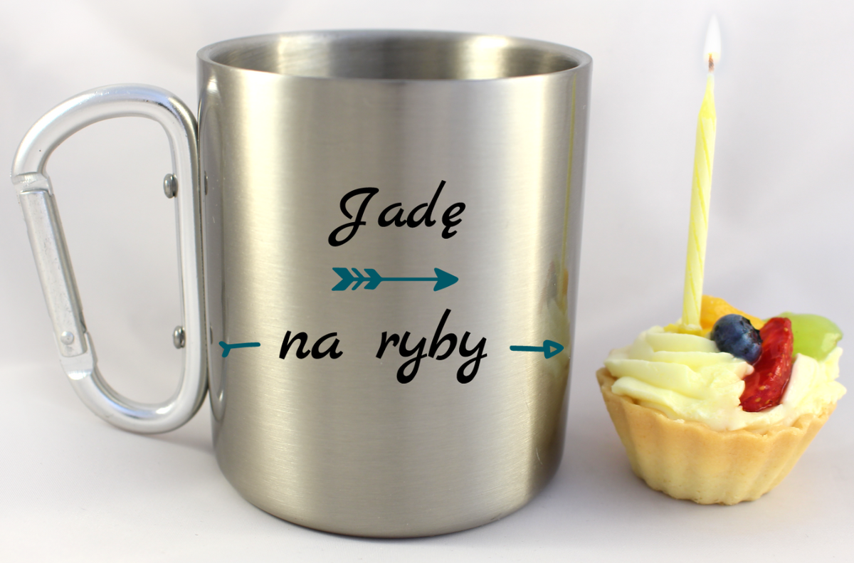 Kubek ze srebrnym karabińczykiem i nadrukiem "Jadę na ryby" #3