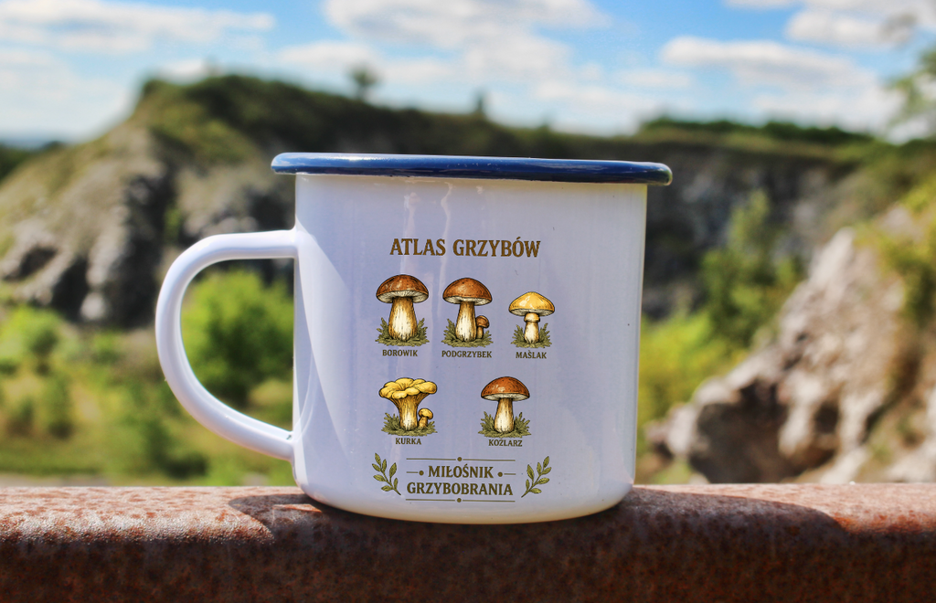 Kubek emaliowany biały z nadrukiem „Altas Grzybów” – grzyby #7