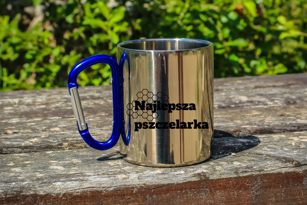 Kubek z niebieskim uchem karabińczykiem z nadrukiem "Najlepsza pszczelarka" #3