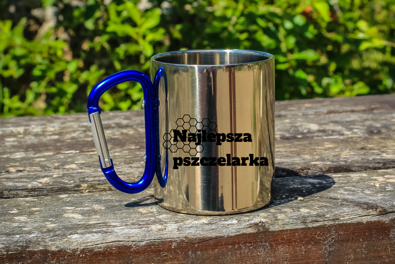 Kubek z niebieskim uchem karabińczykiem z nadrukiem "Najlepsza pszczelarka" #3