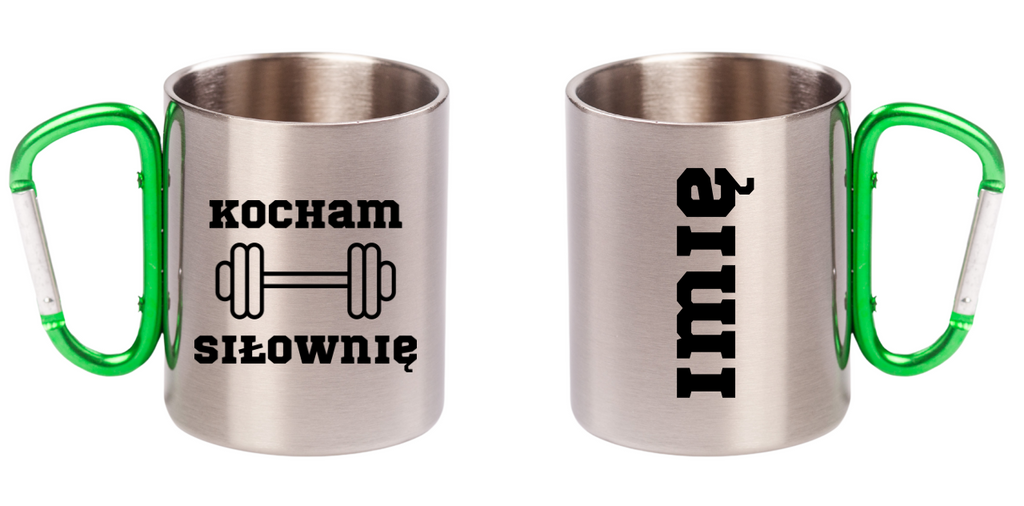 Kubek z zielonym karabińczykiem nadruk "Kocham Siłownię" - siłownia #1