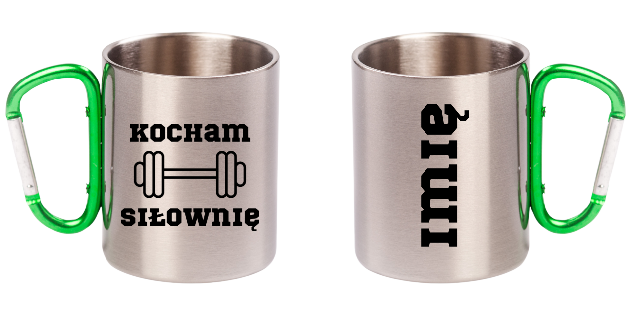 Kubek z zielonym karabińczykiem nadruk "Kocham Siłownię" - siłownia #1