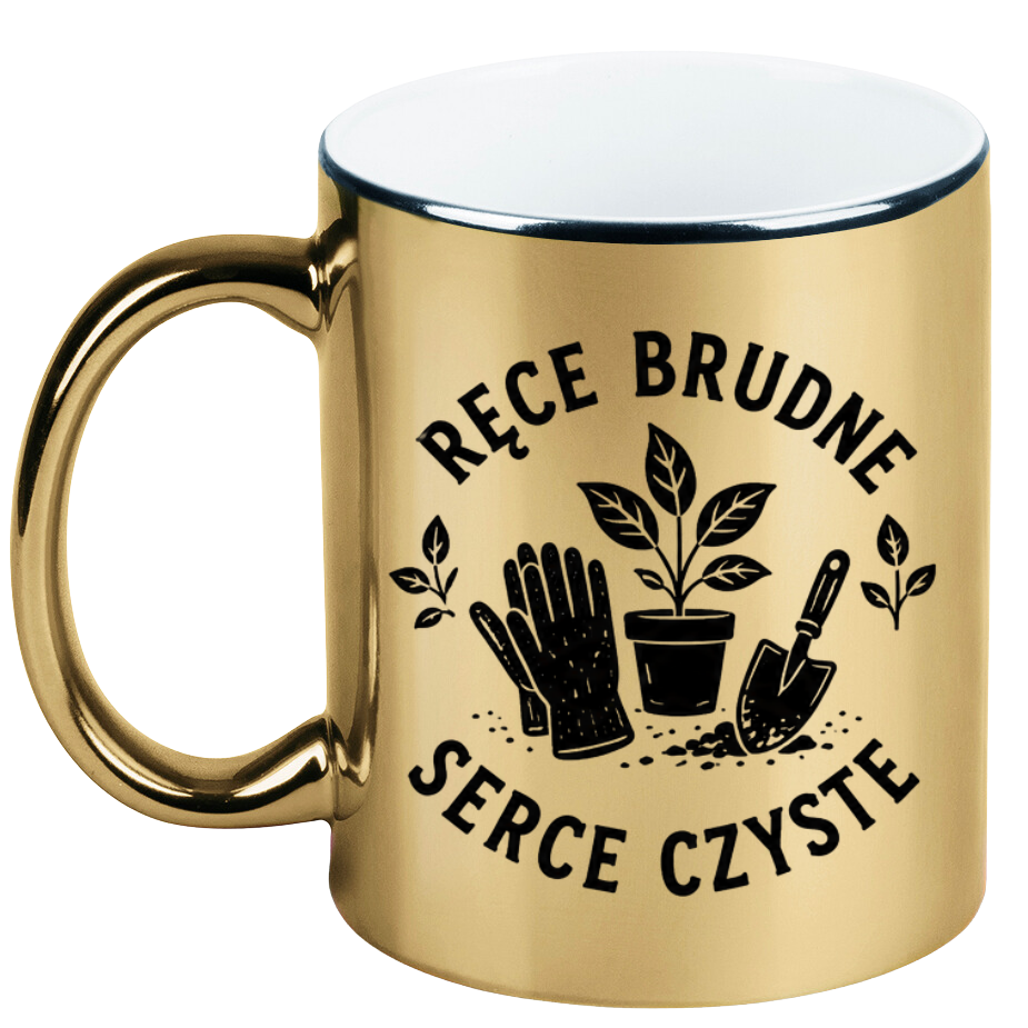 Kubek złoty z nadrukiem „Ręce brudne, serce czyste” – działka, ogród #3