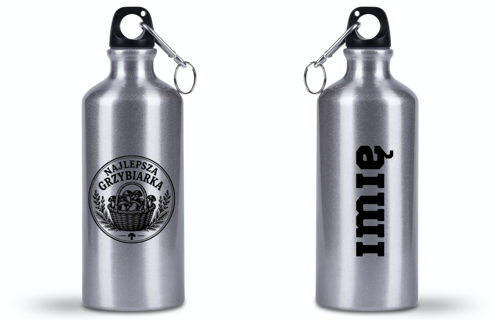 Bidon srebrny 500 ml z nadrukiem „Najlepsza Grzybiarka” – na grzyby #1