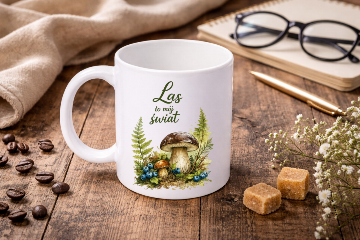 Kubek biały z nadrukiem „Las to mój świat” – grzyby, las #9