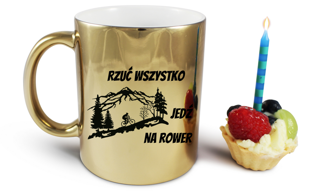 Kubek złoty z nadrukiem „Rzuć wszystko, jedź na rower” – dla rowerzystów #2