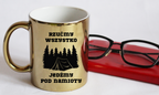 Kubek złoty z nadrukiem „Rzućmy wszystko, jedźmy pod namioty” – camping #10