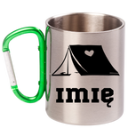 Kubek z zielonym karabińczykiem grafika namiotu i imię do wyboru - pod namiot, camping #4