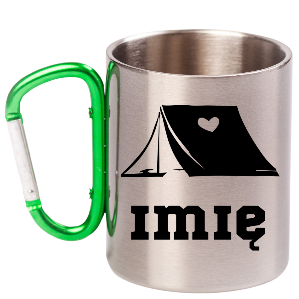 Kubek z zielonym karabińczykiem grafika namiotu i imię do wyboru - pod namiot, camping #4