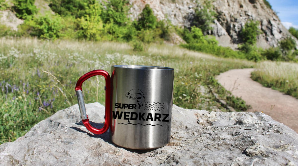 Kubek metalowy z napisem Super Wędkarz, prezent dla wędkarza, na ryby, ryba