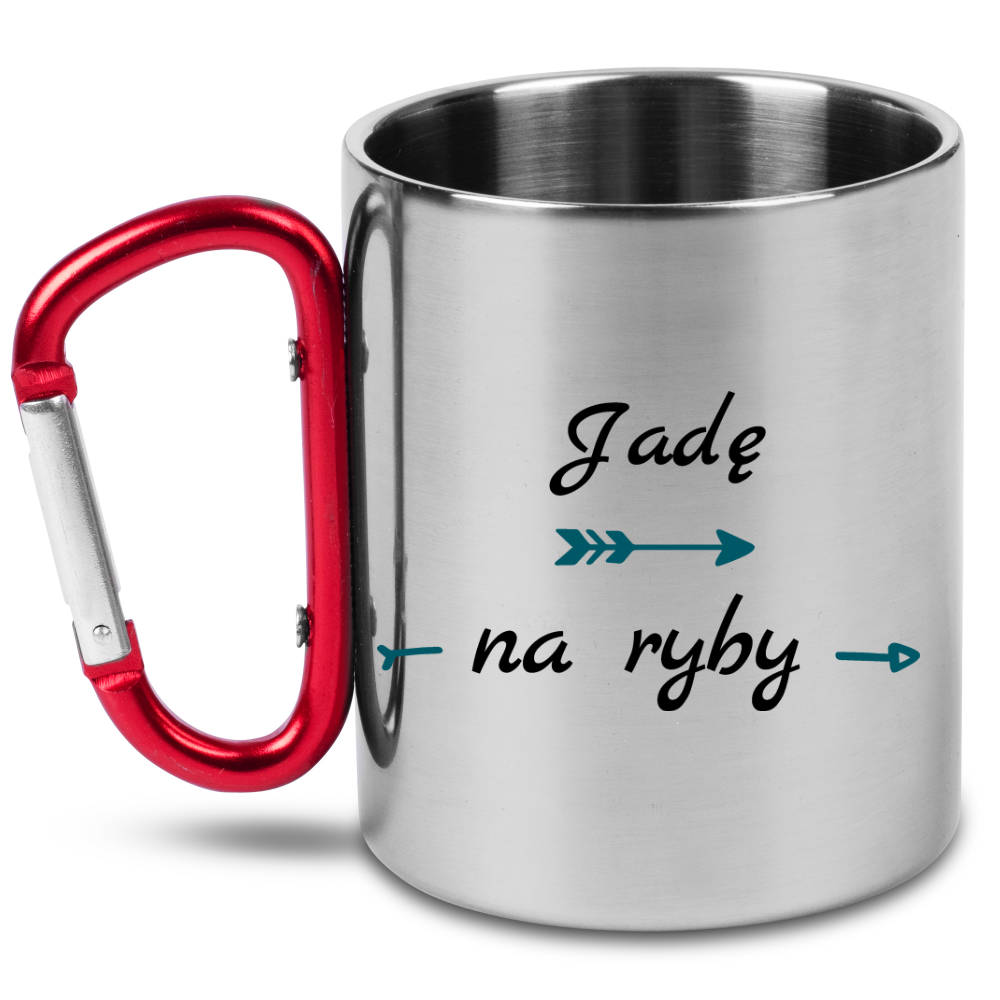 Kubek z czerwonym karabińczykiem i nadrukiem "Jadę na ryby" - wędkarstwo #3